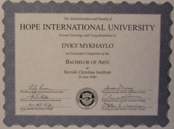 Certificate. Hope International University, Bachelor of Arts